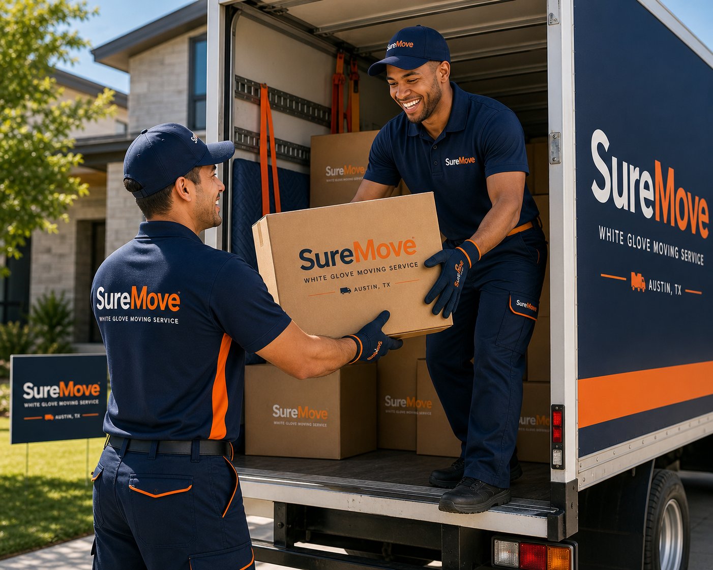 SureMove TX uniformed crew loading furniture into a moving truck in Austin